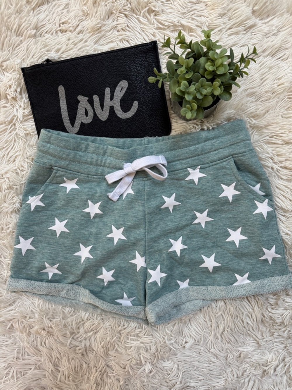 Reflex Terry Drawstring Star Shorts 💗 Mint Green & White